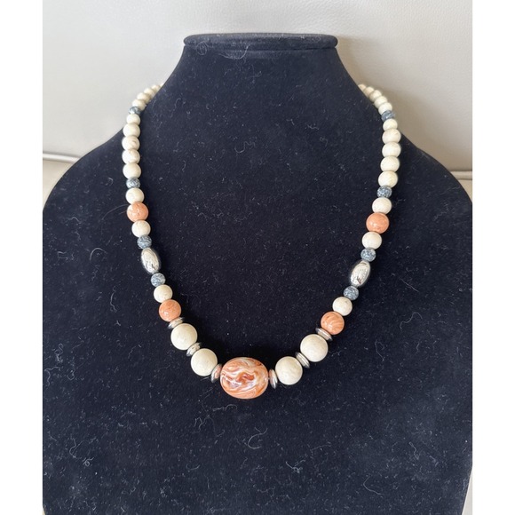 Avon Jewelry - Vintage Avon Desert Sands Beaded Necklace Marbleized Peach Acrylic Ivory 80s 23"